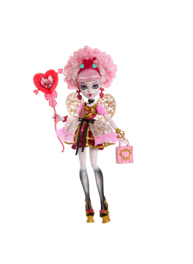 مونستر هاي Scary Sweet Birthday Doll, Cupid Asteria in Pink and Red Party Dress with Themed Accessories like Invite, Balloon, Gift and More - Image 1